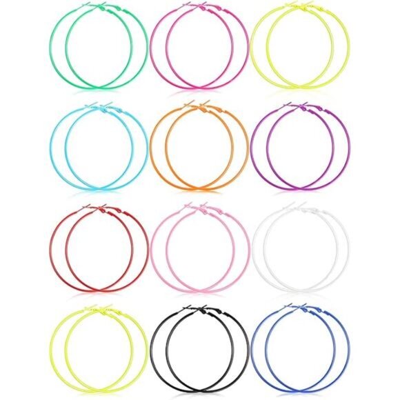 12 Pairs 80s Neon Earrings for Women Retro Colorful Hoop Earrings Pendant - Picture 7 of 7